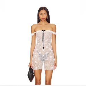 Jaded London Off-Shoulder White Lace Mini Dress with Black Tie